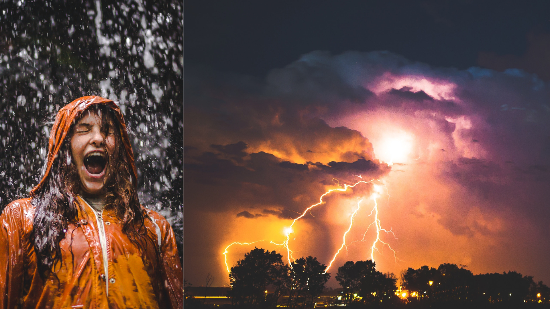 dievča stojí v daždi, búrka