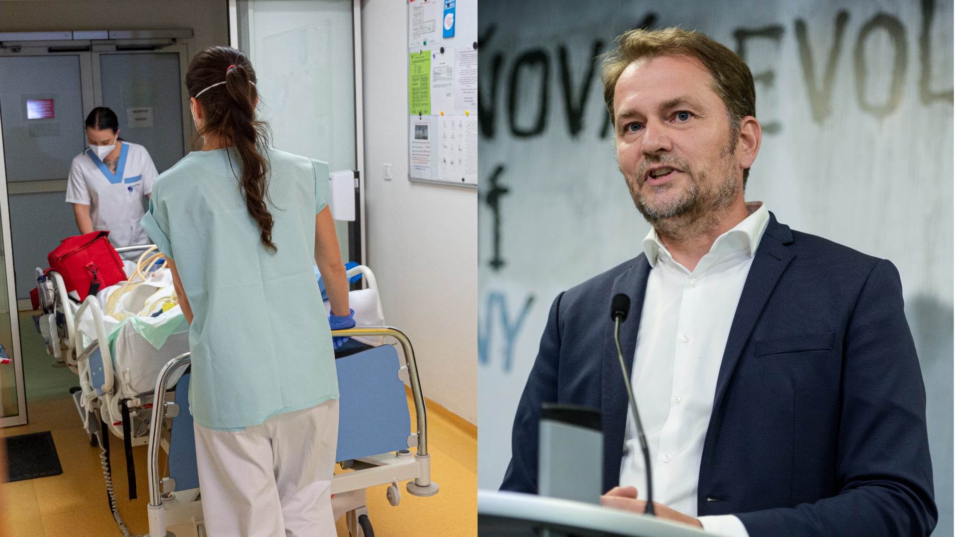 Na snímke sú zachytené zdravotné sestry na covid oddelení a igor matoivč na tlačovej konferencii