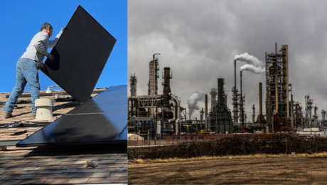 Muž so solárnymi panelmi a továreň