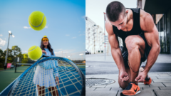 Na snímke je slečna, ktorá hrá tenis a chlap, ktorý sa pripravuje na beh