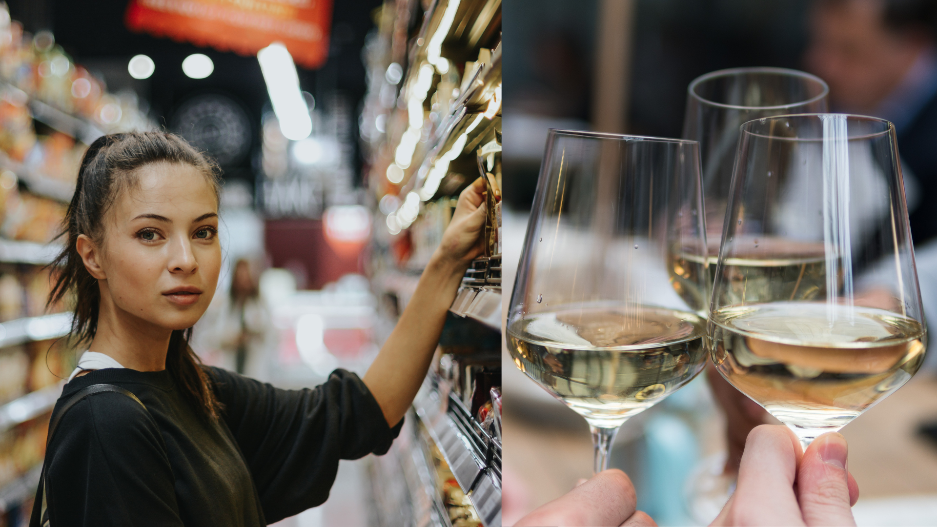 Slečna nakupuje v obchode a na druhej snímke je rozliare víno v pohároch