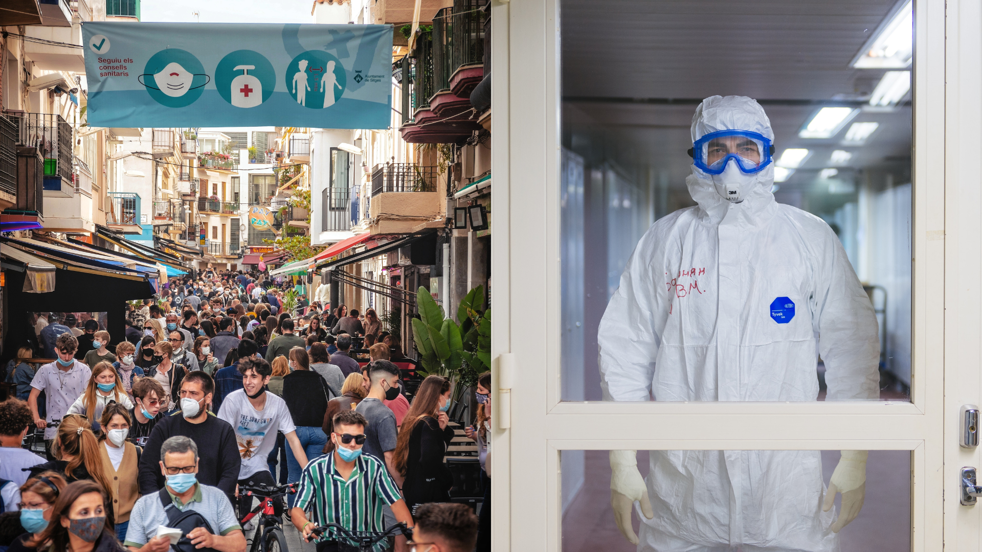 Na snímke je preplnená ulica s covid upozorneniami a lekár v ochrannom plášti