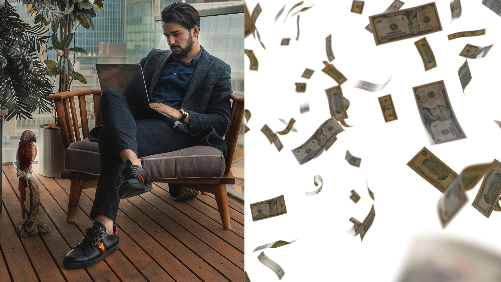 muž v obleku sedí a číta a peniaze padajú z neba