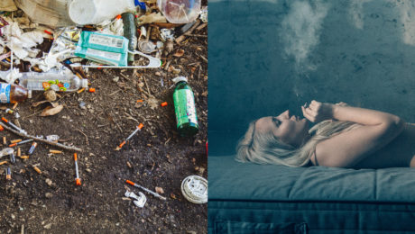 Odpad na zemi, znečistenie, fet, drogy a striekačky na zemi. Dievča leží a fajčí