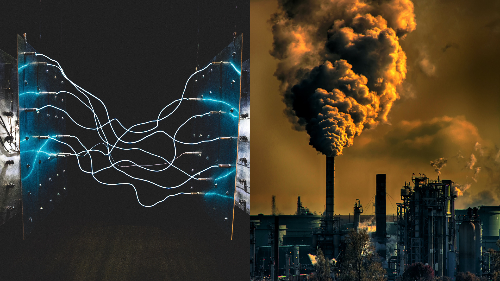 Elektrická energia, náhľad do jej funkčnosti. Továreň produkuje dym a emisie a znečisťuje prostredie