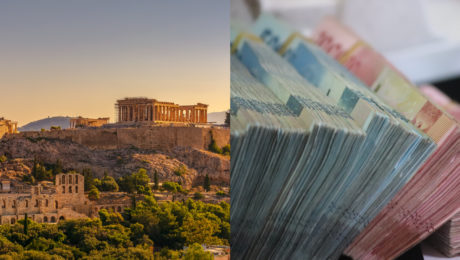 Grécke stavby architektúra a história pri západe slnka. Veľa peňazí, eurá