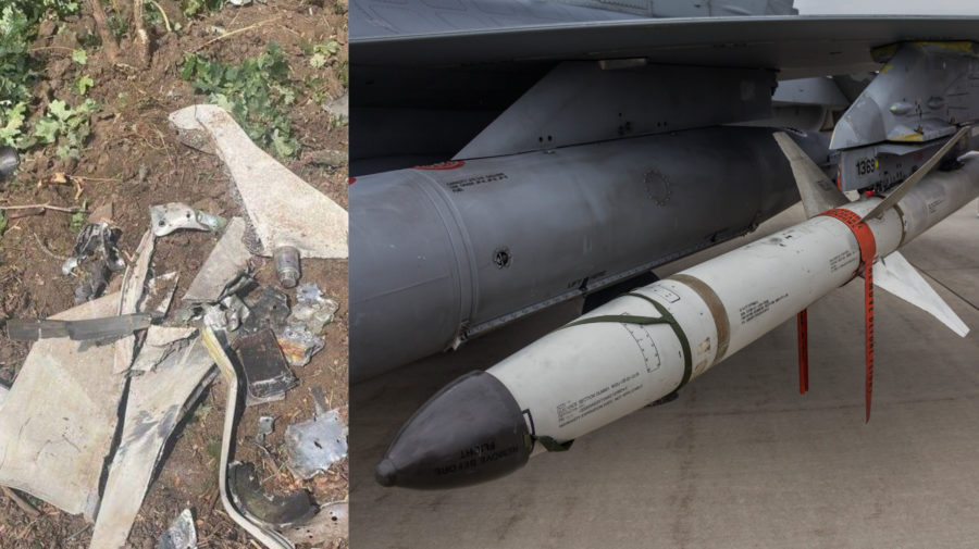 Na snímke vľavo fragmenty AGM-88, vpravo strela HARM pripevnená na stíhačku F-16