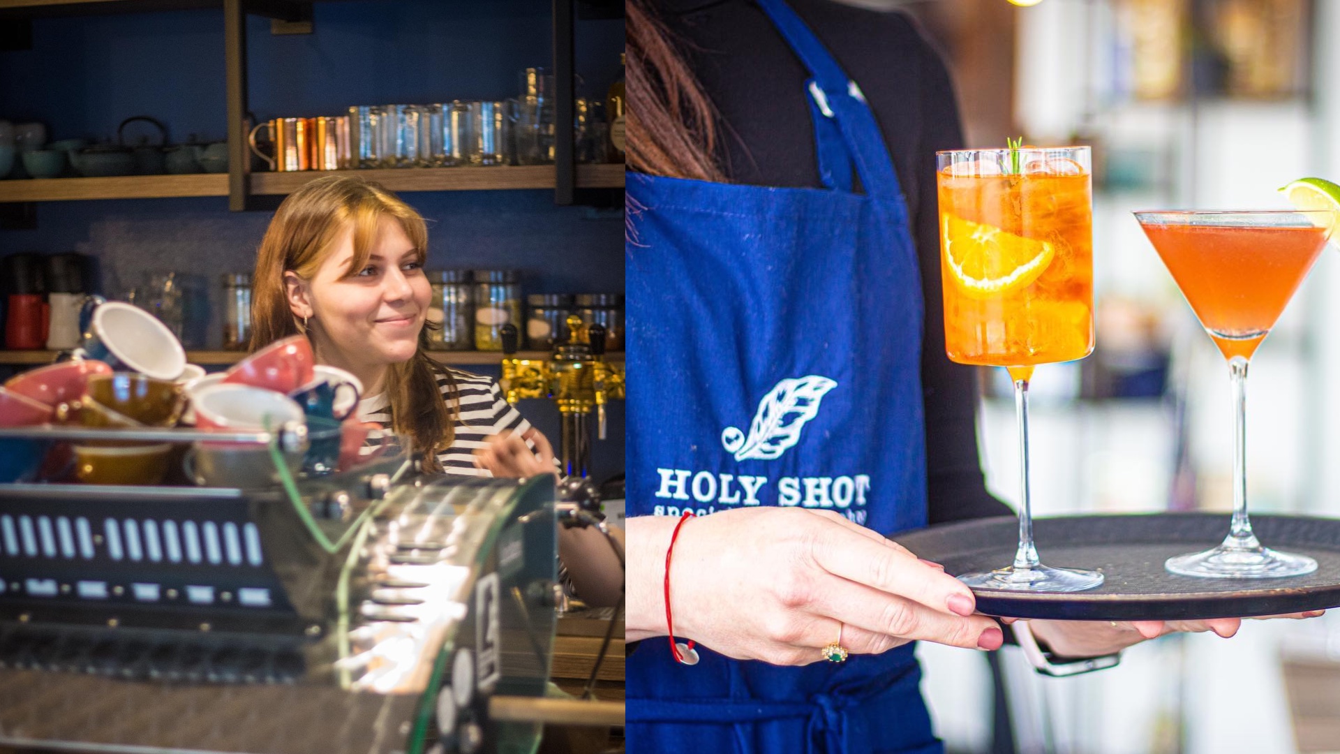 barista za strojom, drinky na tácke