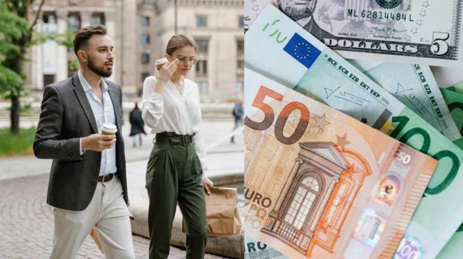 Na snímke je muž a žena s kávou v ruke a peniaze.
