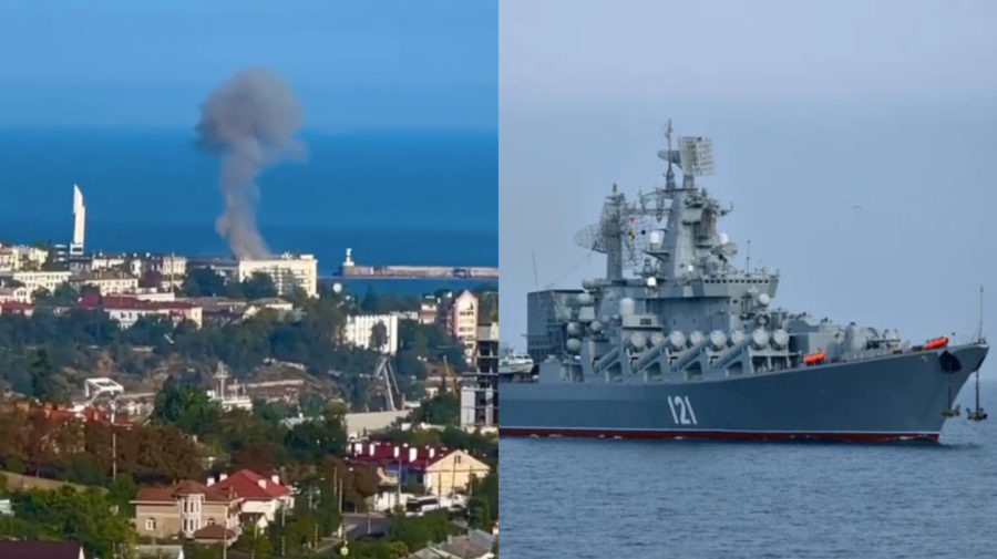 Výbuch na ruskej základni na ukrajinskom polostrove Krym. Významná ruská loď, krížnik, potopená ukrajinskou armádou