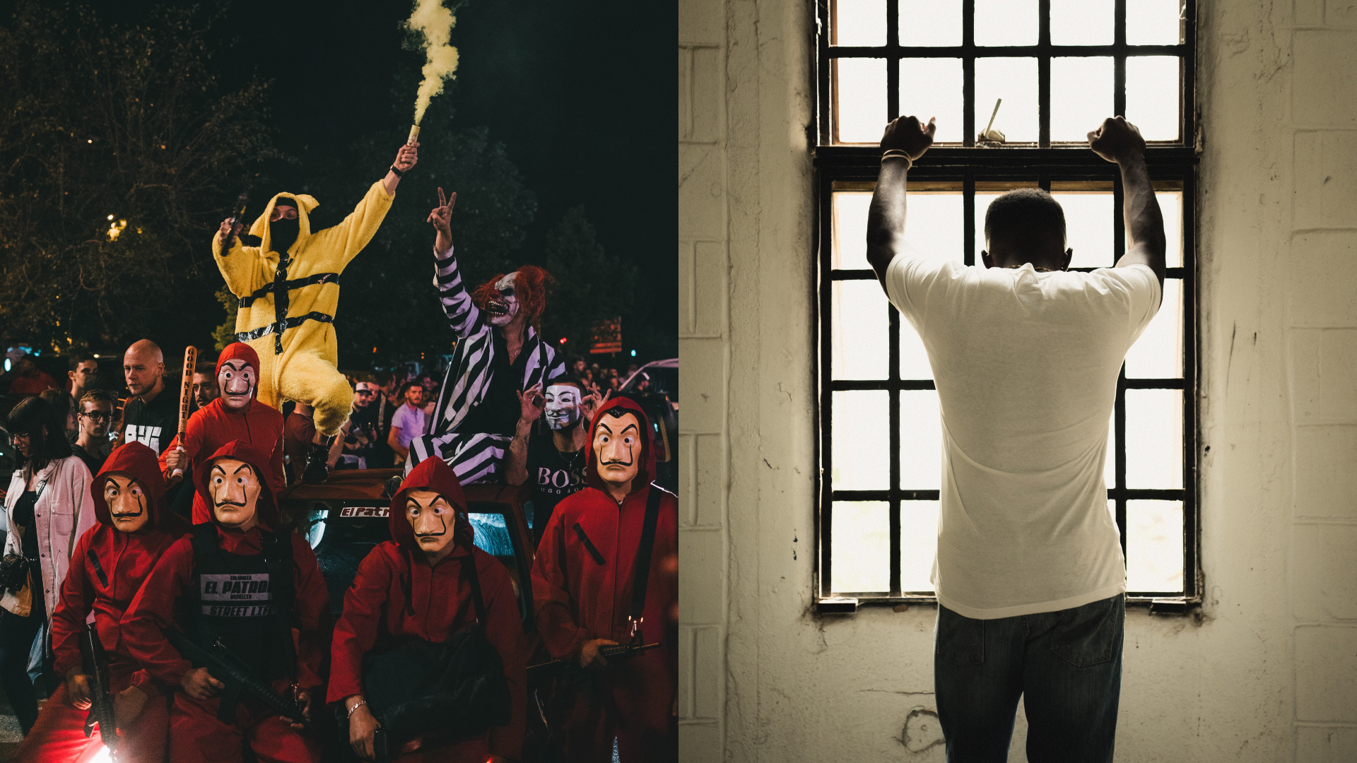 Ľudia v kostýmoch seriálu La Casa de Papel alebo Moneyheist na lúpeži a demonštráciách. Zatknutý človek za mrežami sa opiera