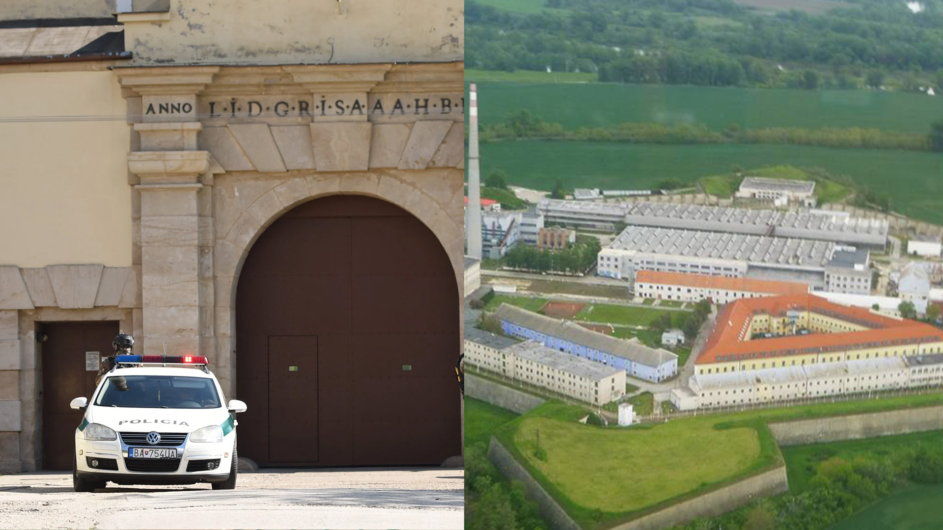 Koláž fotiek väzenia v Leopoldove a policajné auto