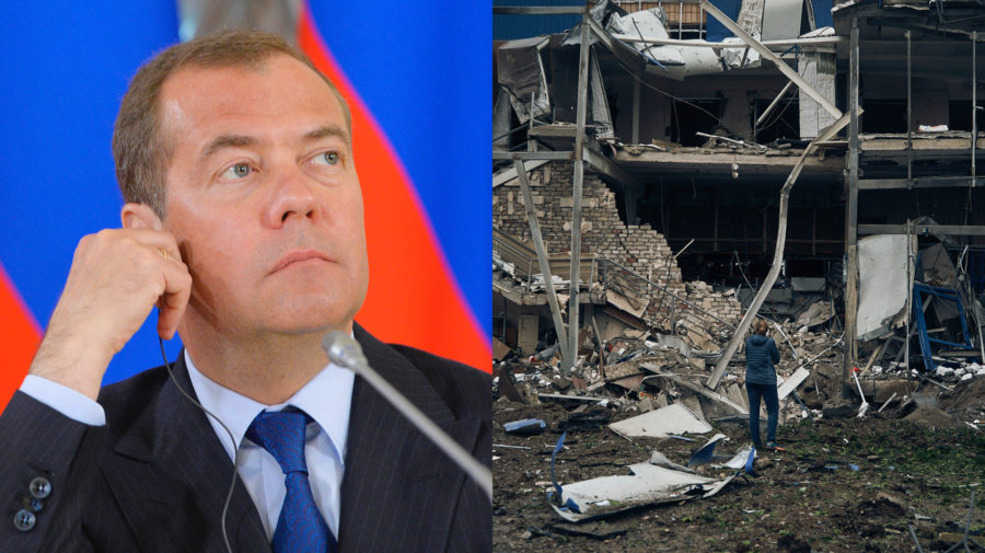 Bývalý ruský prezident Dmitrij Medvedev hľadí na vojnu zničenú budovu vo vojne na Ukrajine