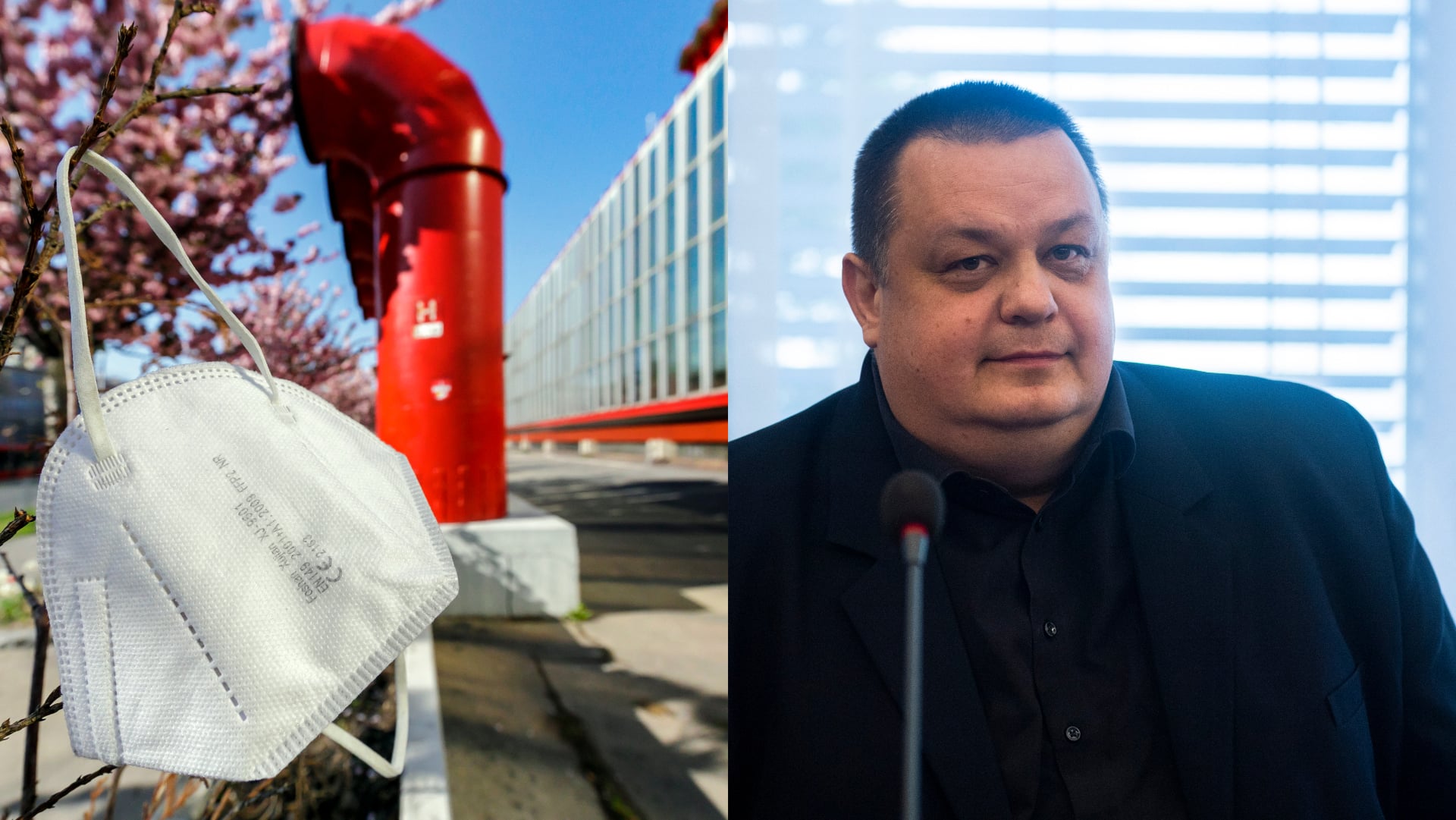 respirátor zavesený na kríku a hlavný hygienik SR ján mikas