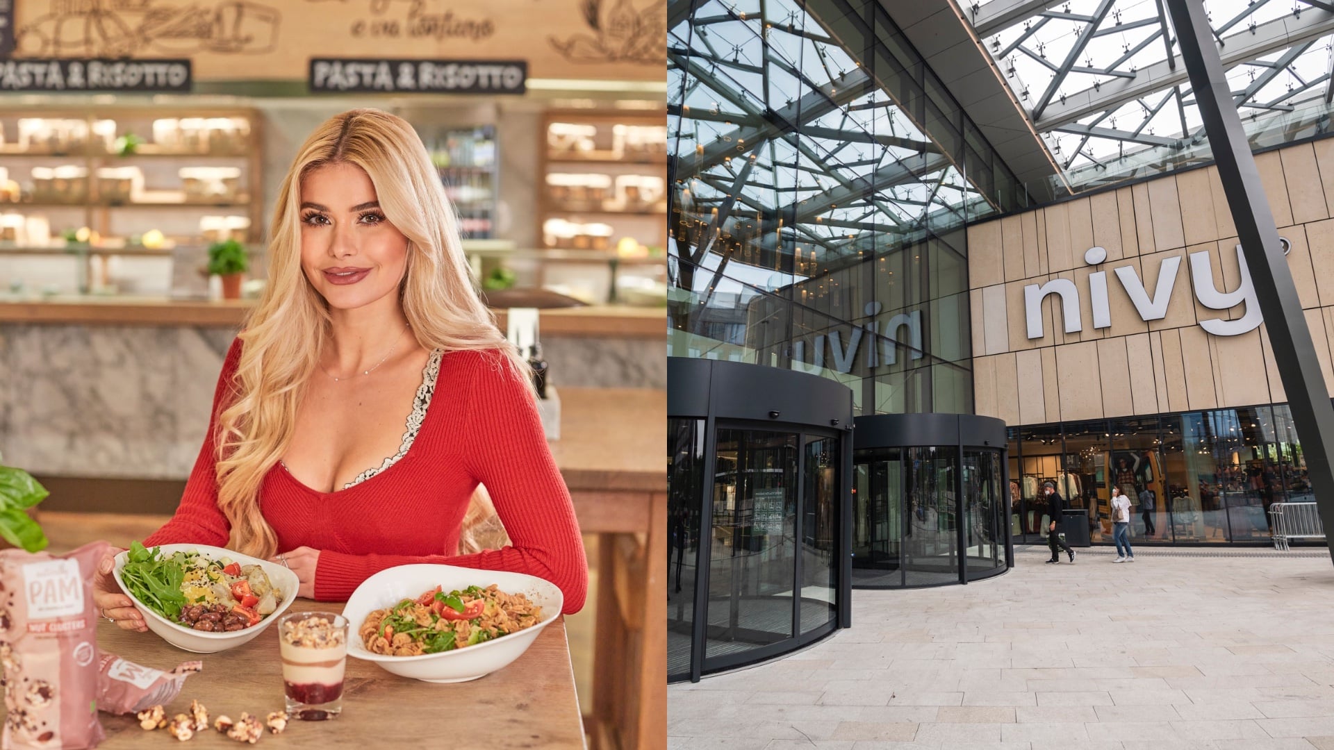 blondina na obede a vchod do nákupního centra Nivy