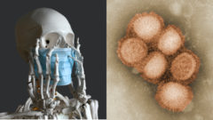 model kostry človeka s rúškom a vírus pod mikroskopom