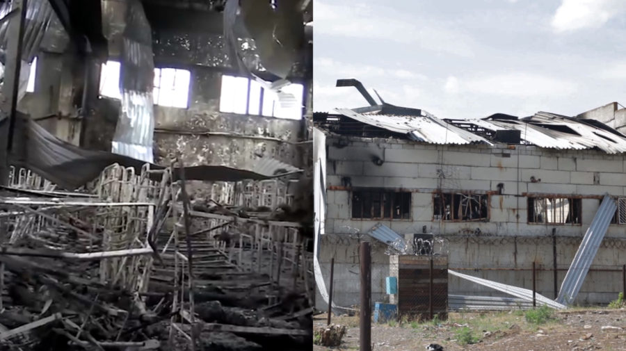 Zdecimovaný interiér, postele a spálené steny v sklade vo väznici v Olenivke. Pohľad na budovu skladu z vonku.
