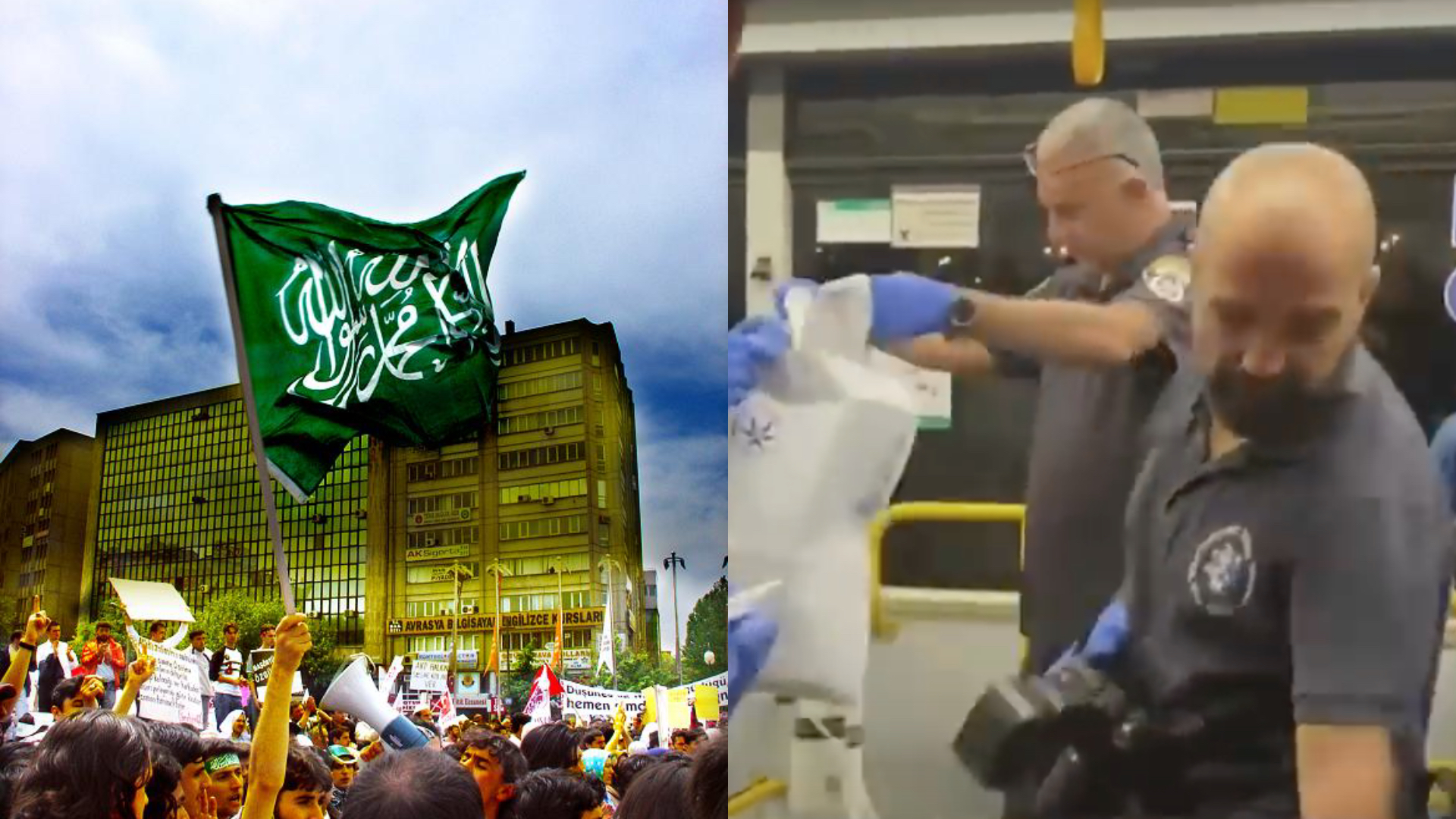 Palestínski džihádisti protestujú na uliciach v Izraeli s vlajkou a megafónmi. Záchranár z Izraela zasahuje na mieste útoku na autobus pri Múre nárekov