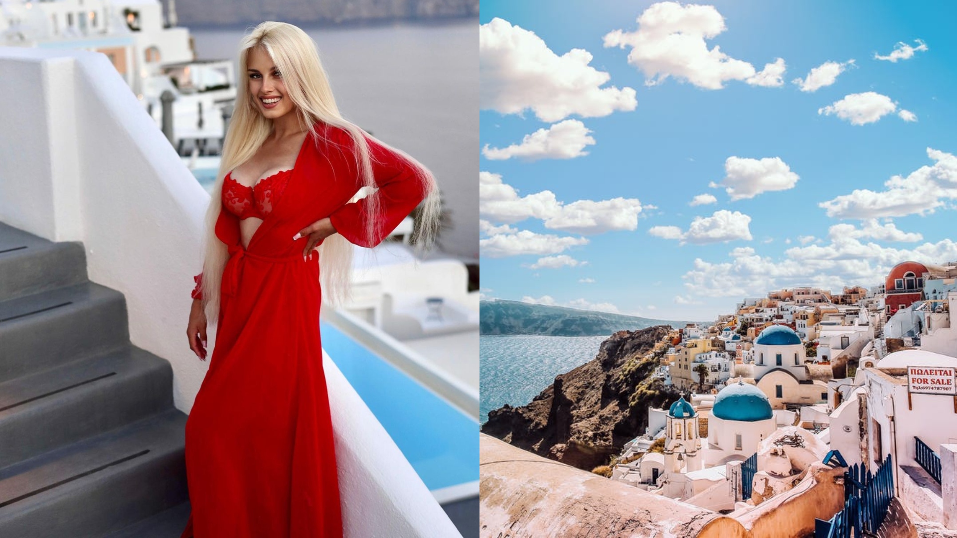 Na snímke je žena a pohľad na Santorini.