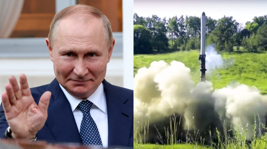 Na ilustračnej snímke ruský prezident Vladimir Putin a systém balistických striel krátkeho doletu Iskander-K
