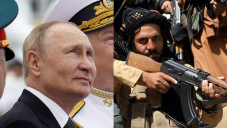 Ruský prezident Vladimir Putin v sprievode svojich generálov pozerá do neba. Bojovník Talibanu, s ktorým chce Rusko obchodovať, drží pušku AK-47