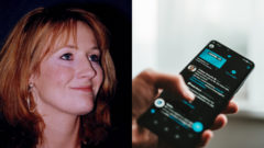 Spisovateľka J.K. Rowlingová a telefón s otvorenou sociálnou sieťou Twitter