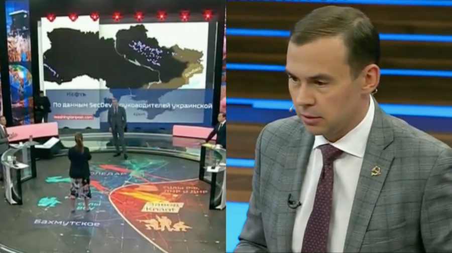Ruská štátna televízia hlása anexiu Ukrajiny. Chú obsadiť anektované územia. Jurij Afonin, ruský politik, vysvetľuje, aké bohaté tieto oblasti sú