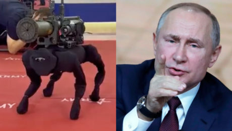 Bizarný komický ruský robotický pes, ktorý má na chrbte raketomet RPG. Predstavenie na ruskom zbrojnom veľtrhu. Vladimir Putin ukazuje prstom