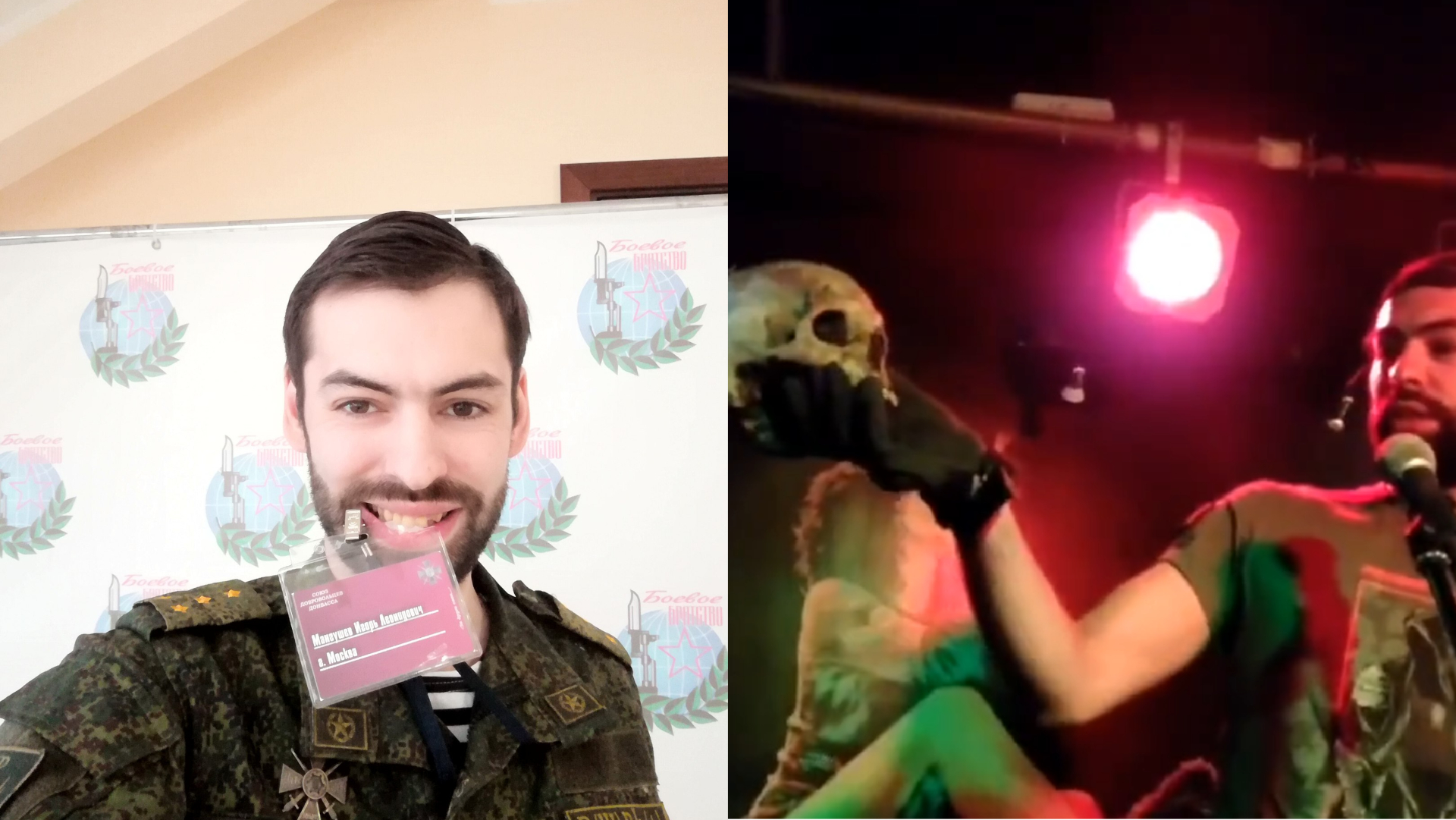 ruský vojak pózujúci s ľudskou lebkou