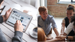 vpravo skupina mladých ľudí, vľavo portál s fake news