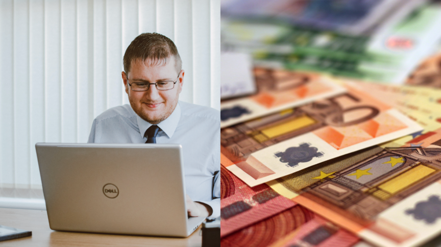 vľavo eurové bankovky, vpravo človek robiaci svoju prácu