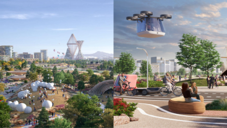 vľavo záber na futuristické mesto Telosa, vpravo záber na futuristické mesto Telosa