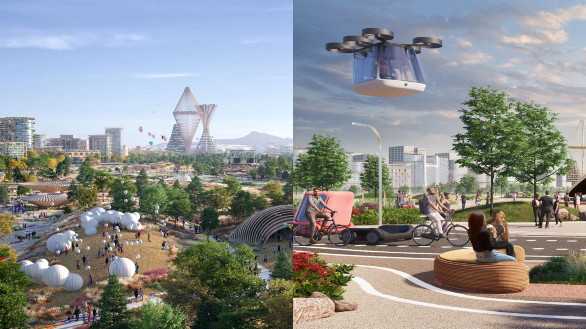 vľavo záber na futuristické mesto Telosa, vpravo záber na futuristické mesto Telosa