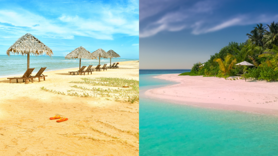 vpravo letná dovolenková destinácia pri mori, vľavo letná dovolenková destinácia