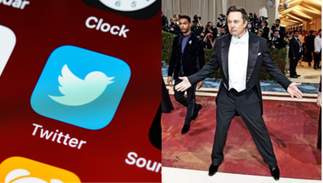 vľavo najbohatší človek na svete elon musk, vpravo logo aplikácie twitter na smartfóne