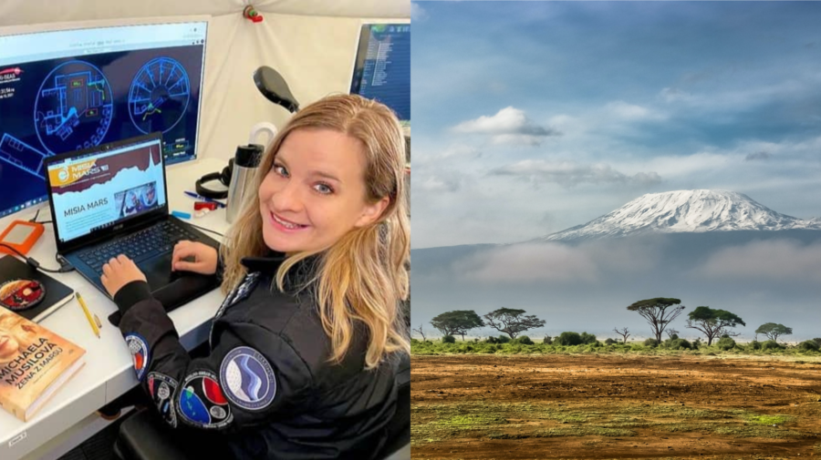 vpravo najvyšší vrch afriky kilimandžáro, vľavo slovenská vedkyňa michaela musilová
