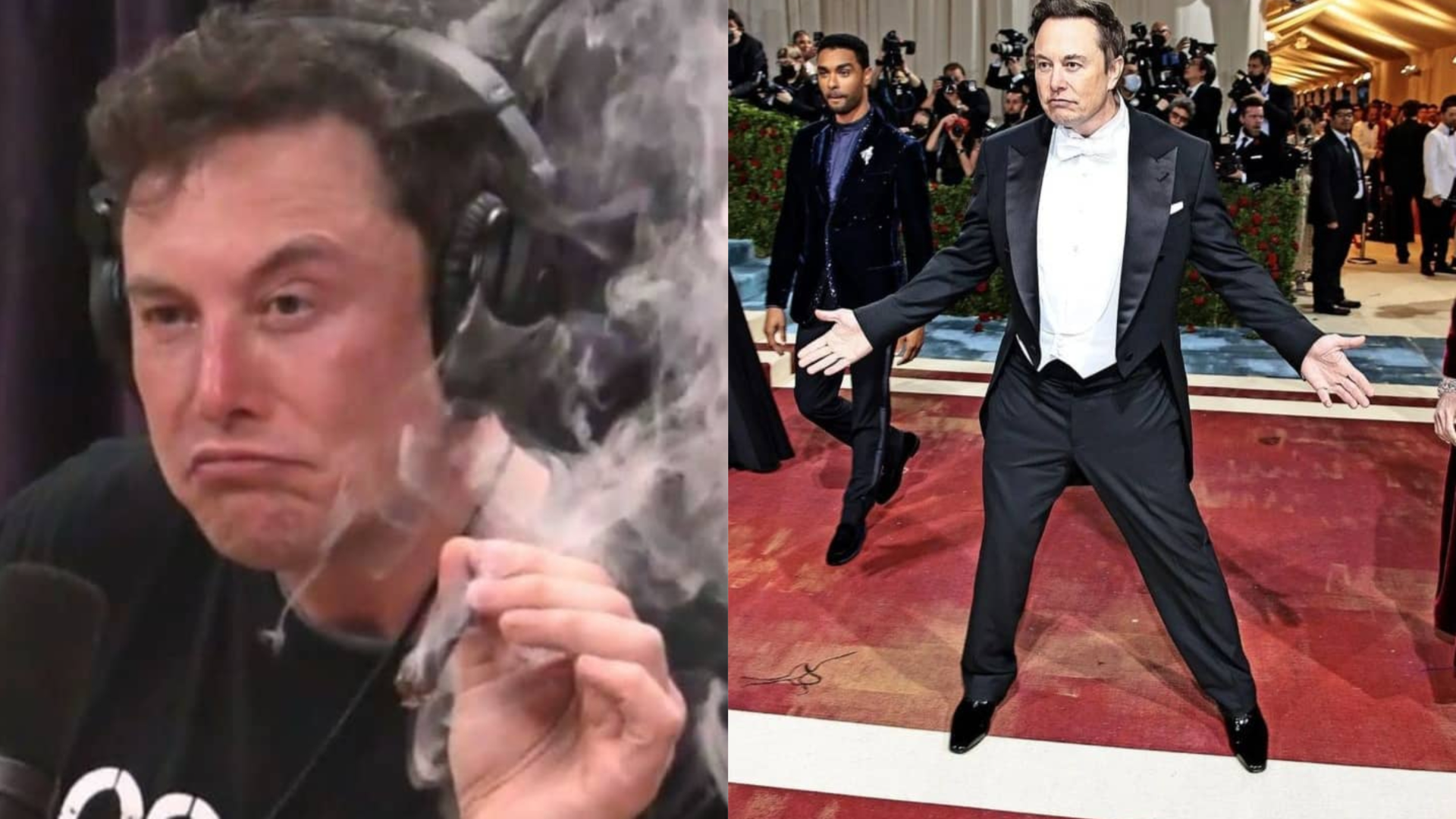 vpravo miliardár elon musk na met gala, vľavo musk v podcaste z roku 2018 s jointom v ruke