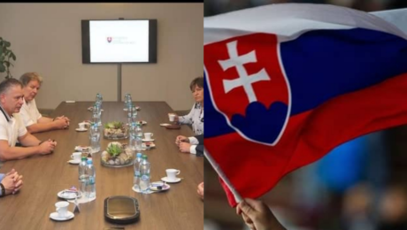 vpravo vlajka slovenskej republiky, vľavo zamestnanci ministerstva vnútra slovenskej republiky