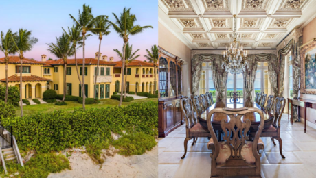 vpravo jedáleň v luxusnom sídle miliardára larryho ellisona, vľavo záber na luxusné sídlo miliardára larryho ellimana