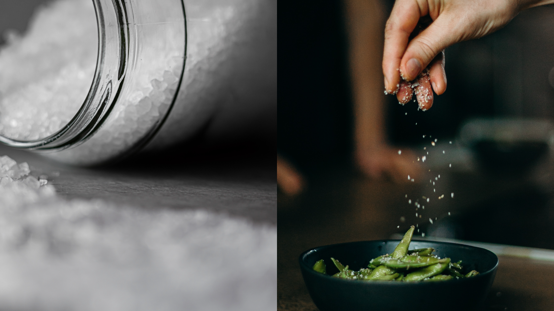 vpravo osoba soliaca si jedlo, vľavo nádoba so soľou