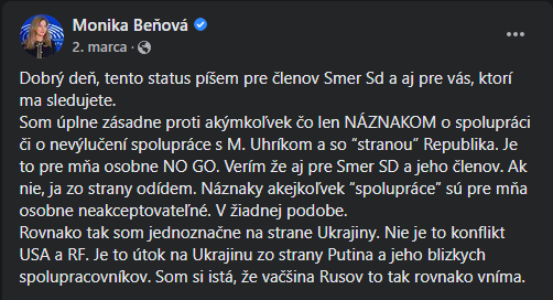 Na snímke je printscreen statusu europoslankyňe Smeru-SD, Moniky Beňovej