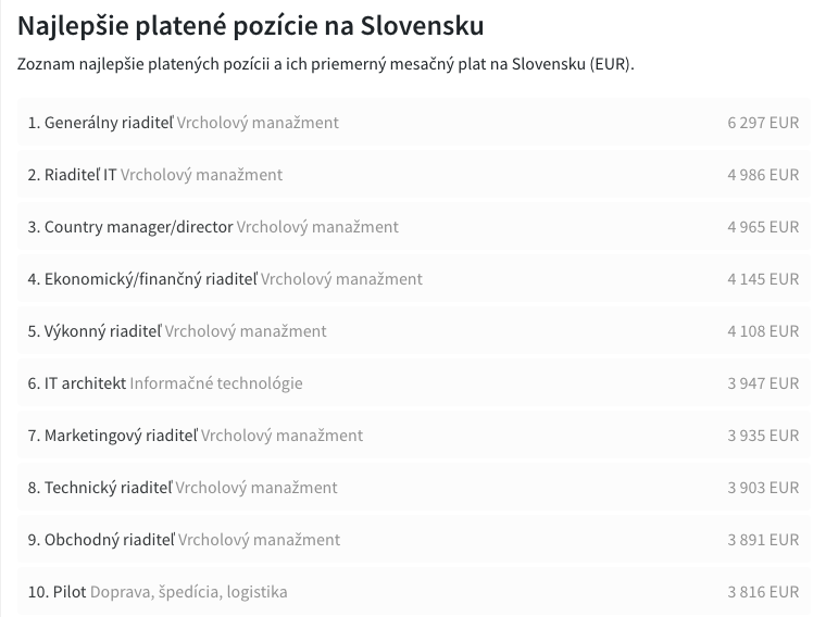 najlepšie platené pozície na Slovensku, Platy.sk 2023