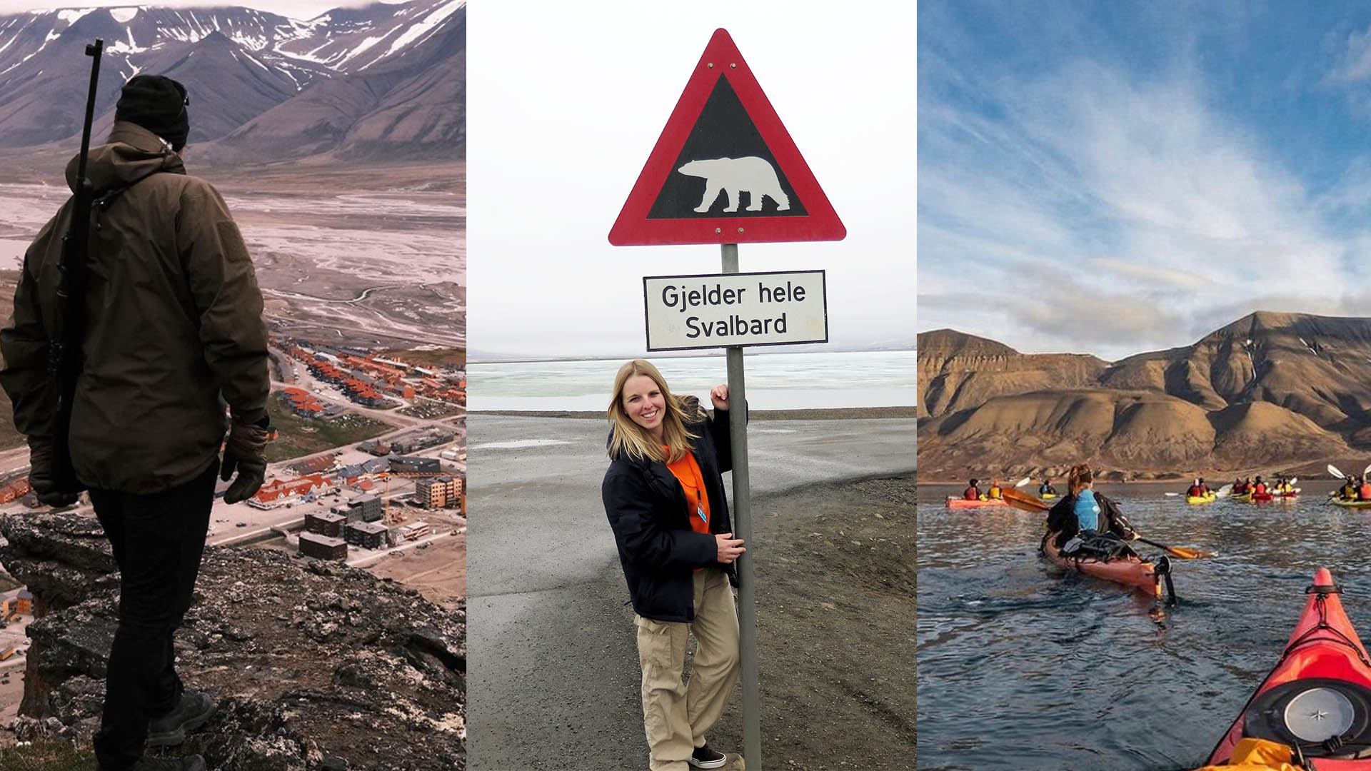 Muž pozerá z hory s puškou, žena drží tabuľu, ktorá upozorňuje na medvede, kajakovanie vo fjorde