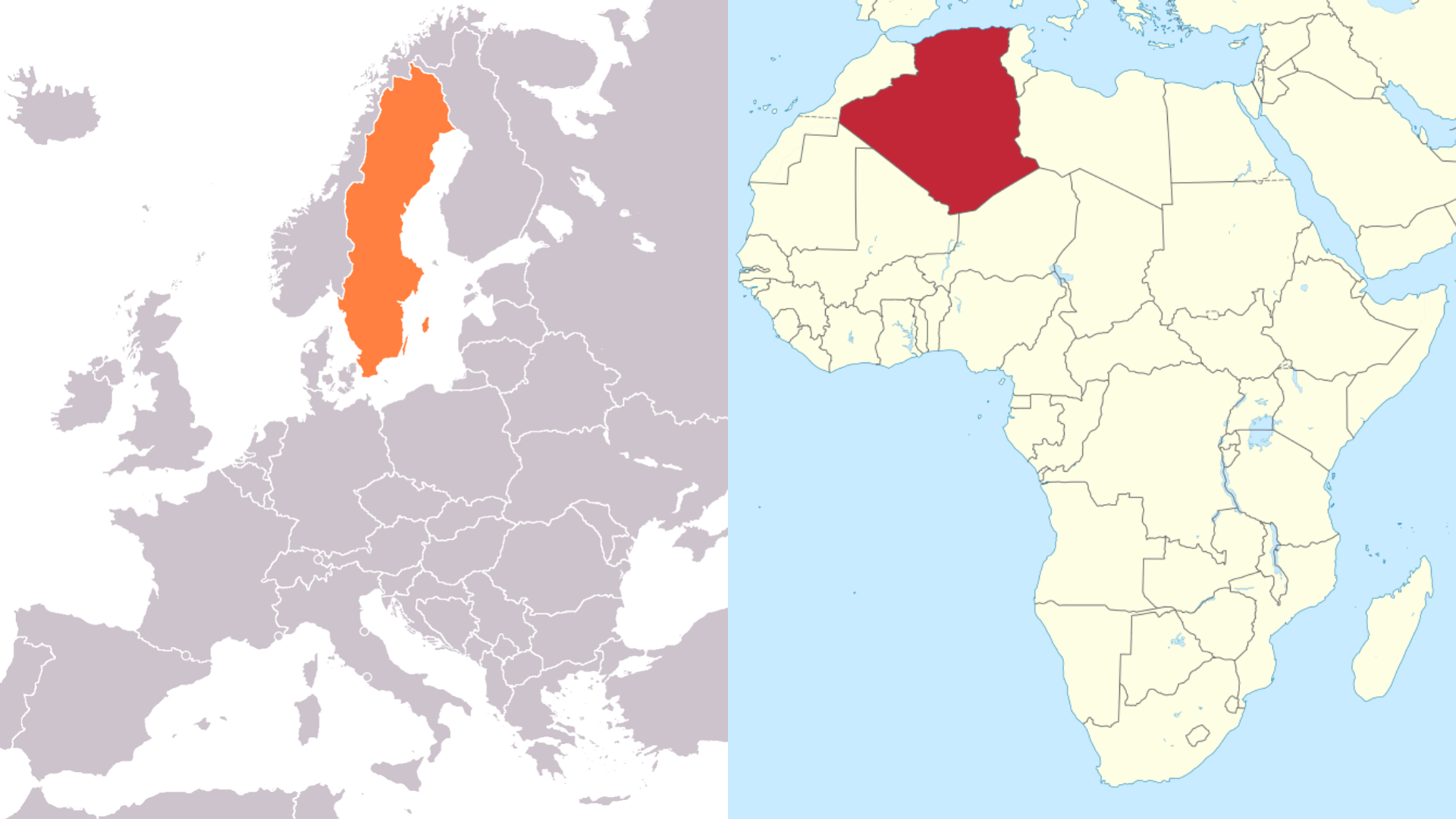 Slepá mapa s vyznačeným Švédskom a Alžírskom