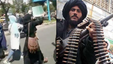 Demonštrantky protestujú v Afganistane v Kábule proti vláde Talibanu. Muž s guľometom, bojovník Talibanu, hľadí do kamery. Taliban