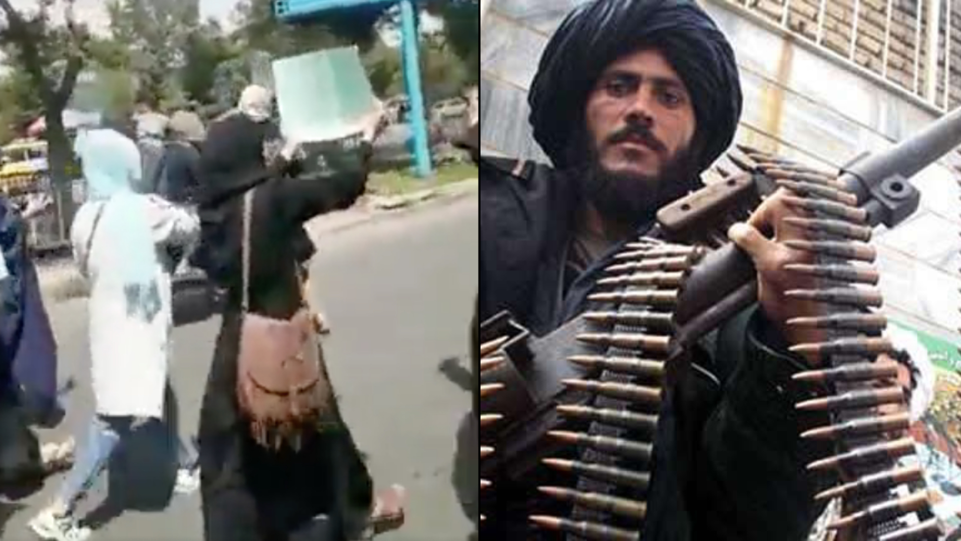 Demonštrantky protestujú v Afganistane v Kábule proti vláde Talibanu. Muž s guľometom, bojovník Talibanu, hľadí do kamery. Taliban