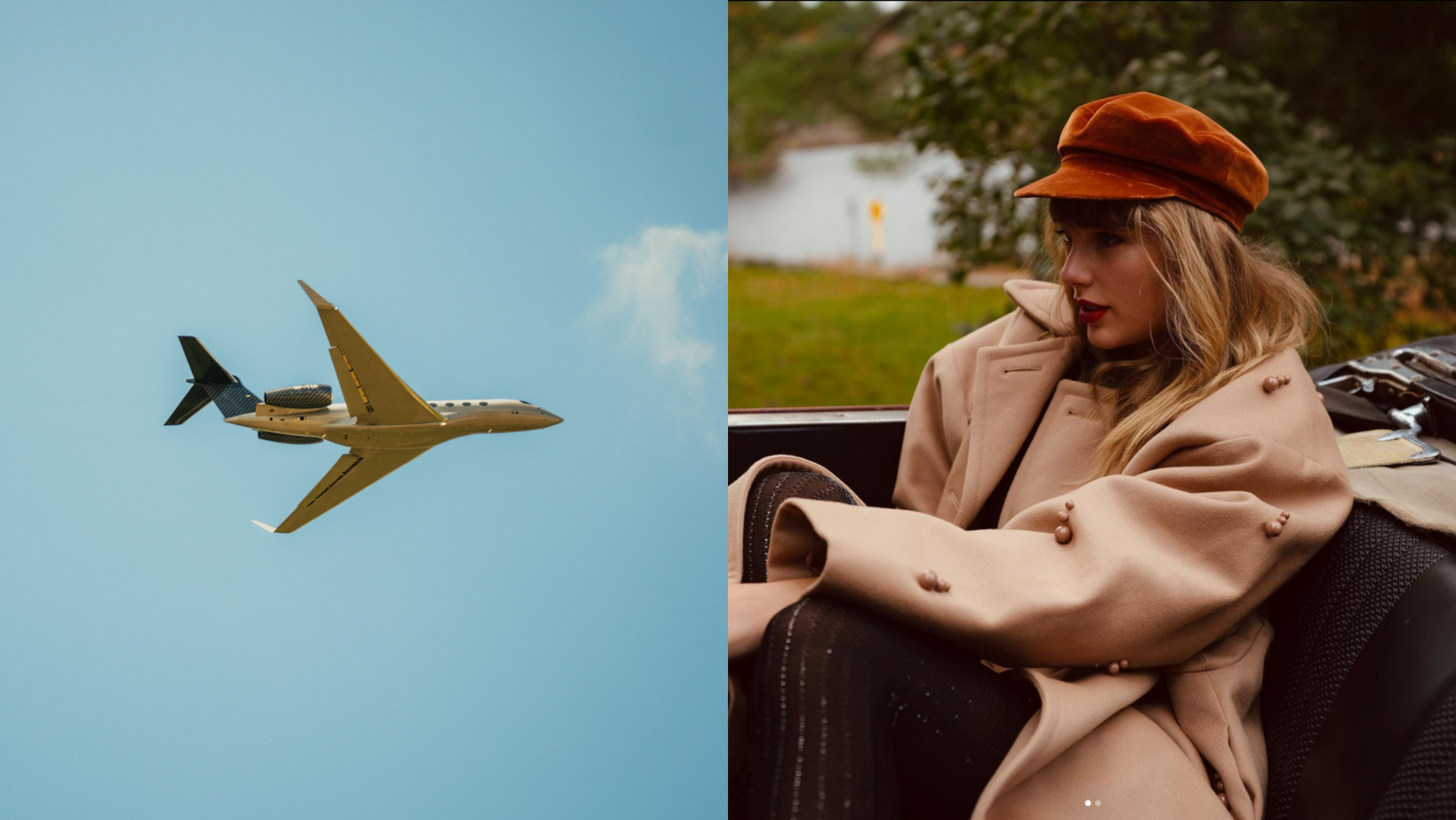 letiaci tryskáč a taylor swiift sediaca v aute