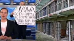 Žena držiaca protivojnový transparent počas vysielania ruskej televízie stojí za reportérkou, väzenské cely
