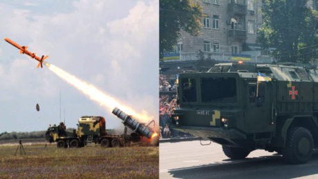 Na snímke protilodná strela Neptún a vyvíjaná ukrajinská balistická strela krátkeho doletu Grim/Grom