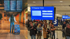 Muž s kufrom pozerá na tabuľu s letovými časmi., ľudia stoja v pri výdaji batožiny na letisku